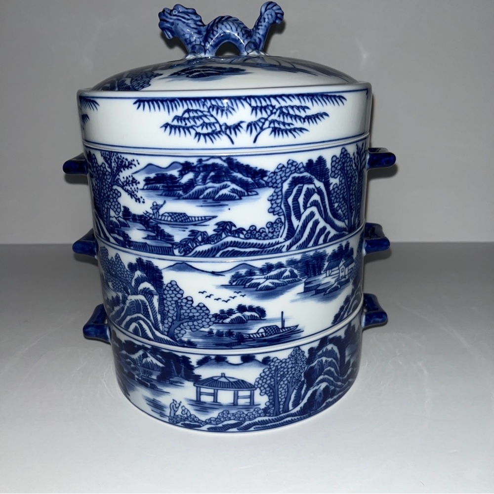 Rare Bombay Porcelain Blue Willow Tiffin Lunch Box Chinese Dragon Stacking Dish - Picture 4 of 9